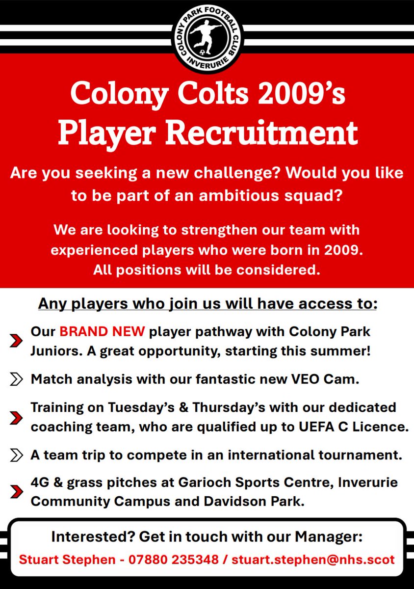 SEDandy12's tweet photo. 🔴⚫ Colony Colts 2009's are looking for players! ⚫🔴

@ADJFA_Updates @ScottishYouthFA

#players #recruitment #football #2009 #aberdeenshire #adjfa #inverurie #pathway #juniors #team #Scotland #youthfootball https://t.co/mtVFz7FiL5