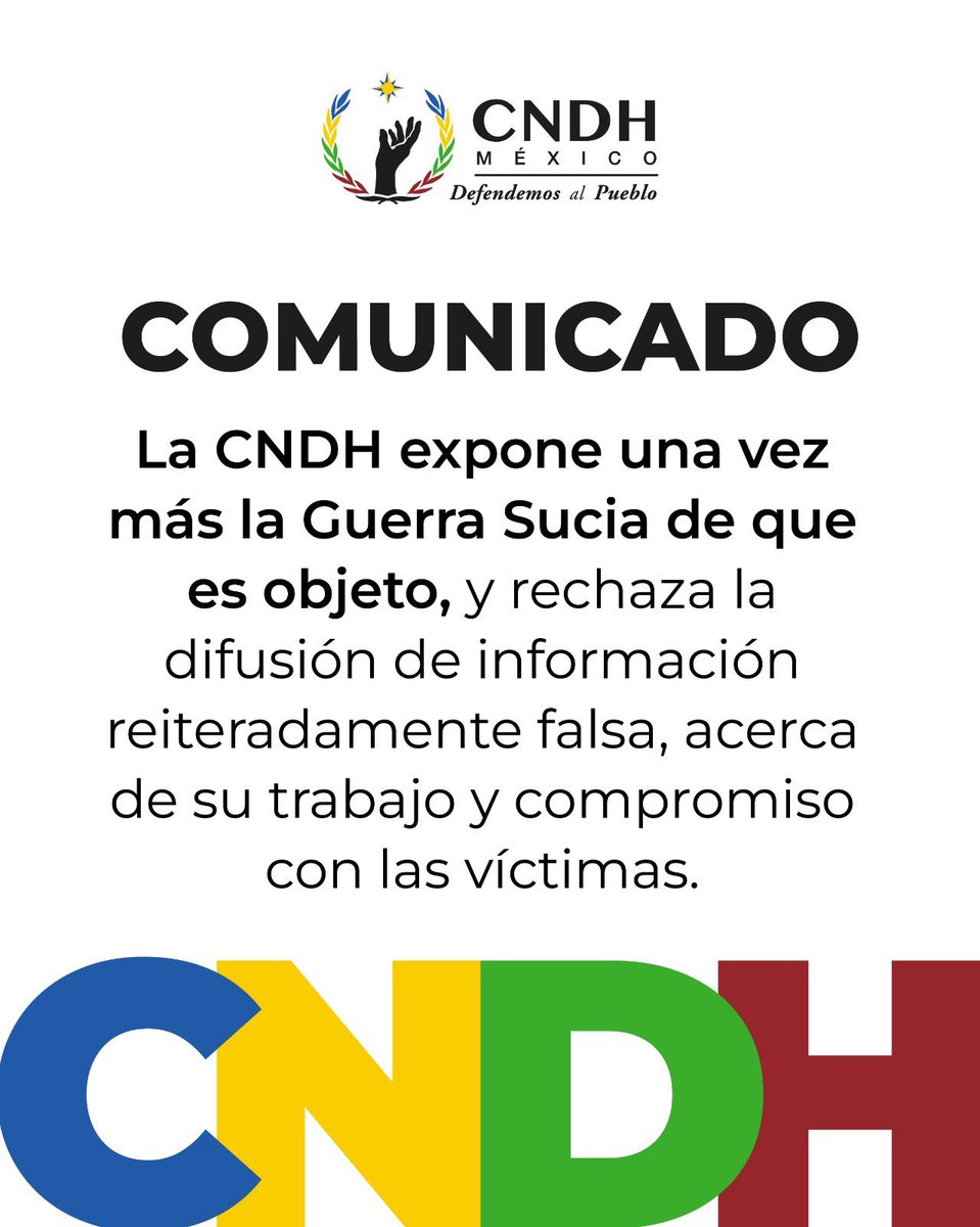 CNDH en México (@cndh) on Twitter photo La CNDH expone una vez más la guerra sucia de que es objeto, y rechaza la difusión de información reiteradamente falsa, acerca de su trabajo y compromiso con las víctimas.
#DefendemosAlPueblo
<a href="/CentroProdh/">Centro Prodh</a>
<a href="/El_Universal_Mx/">El Universal</a>
<a href="/unomasunomx/">unomasuno MX</a> La CNDH expone una vez más la guerra sucia de que es objeto, y rechaza la difusión de información reiteradamente falsa, acerca de su trabajo y compromiso con las víctimas.
#DefendemosAlPueblo
<a href="/CentroProdh/">Centro Prodh</a>
<a href="/El_Universal_Mx/">El Universal</a>
<a href="/unomasunomx/">unomasuno MX</a>