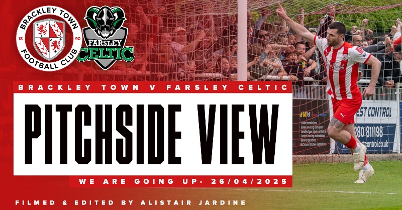 BrackleyTownFC's tweet photo. 📺𝑷𝒊𝒕𝒄𝒉𝒔𝒊𝒅𝒆 𝑽𝒊𝒆𝒘: Here's a pitchside view of Brackley Town's memorable day on Saturday as they beat @FarsleyCelticFC 5-0 and then lifted the @TheVanaramaNL North title. 🏆

Enjoy.

Thanks to @AAJJournalism for filming and editing.

#WeAreBrackley 🔴⚪️