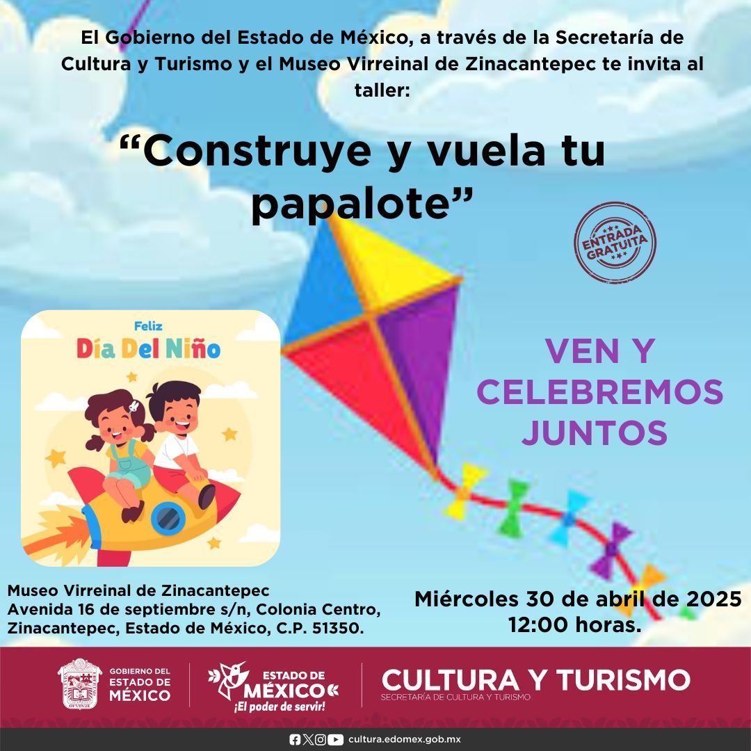 GobZinacantepec's tweet image. #CulturaEnVivo | #Papalotes 

Te invitamos a participar en el taller "Construye y vuela tu papalote" ven a celebrar el #DíaDelNiño en el #MuseoVirreinalDeZinantepec
📅 Miércoles 30 de abril 2025,
12:00 horas
¡Te esperamos!

#SeguimosAvanzando