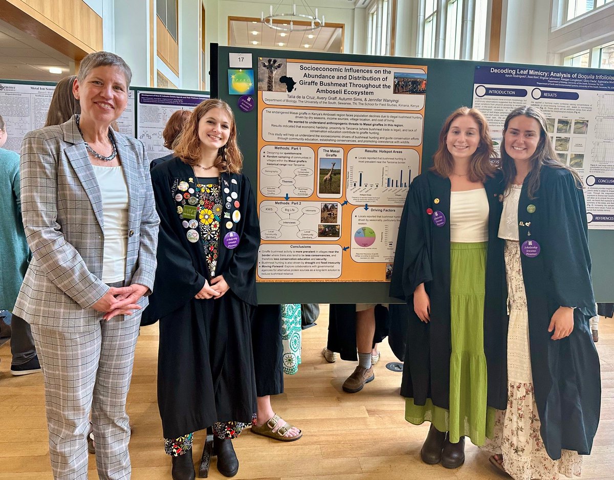 ResearchSewanee's tweet photo. Talia de la Cruz, Avery Graff, Autumn Sims, Jennifer Wanyingi, and Katie McGhee were awarded a Speaker's Choice Award at Scholarship Sewanee for their poster on Severity, Dynamics, and Socioeconomic Drivers of Masai Giraffe Bushmeat Activities in the Amboseli Region (SPARC). https://t.co/rliFsxElTa