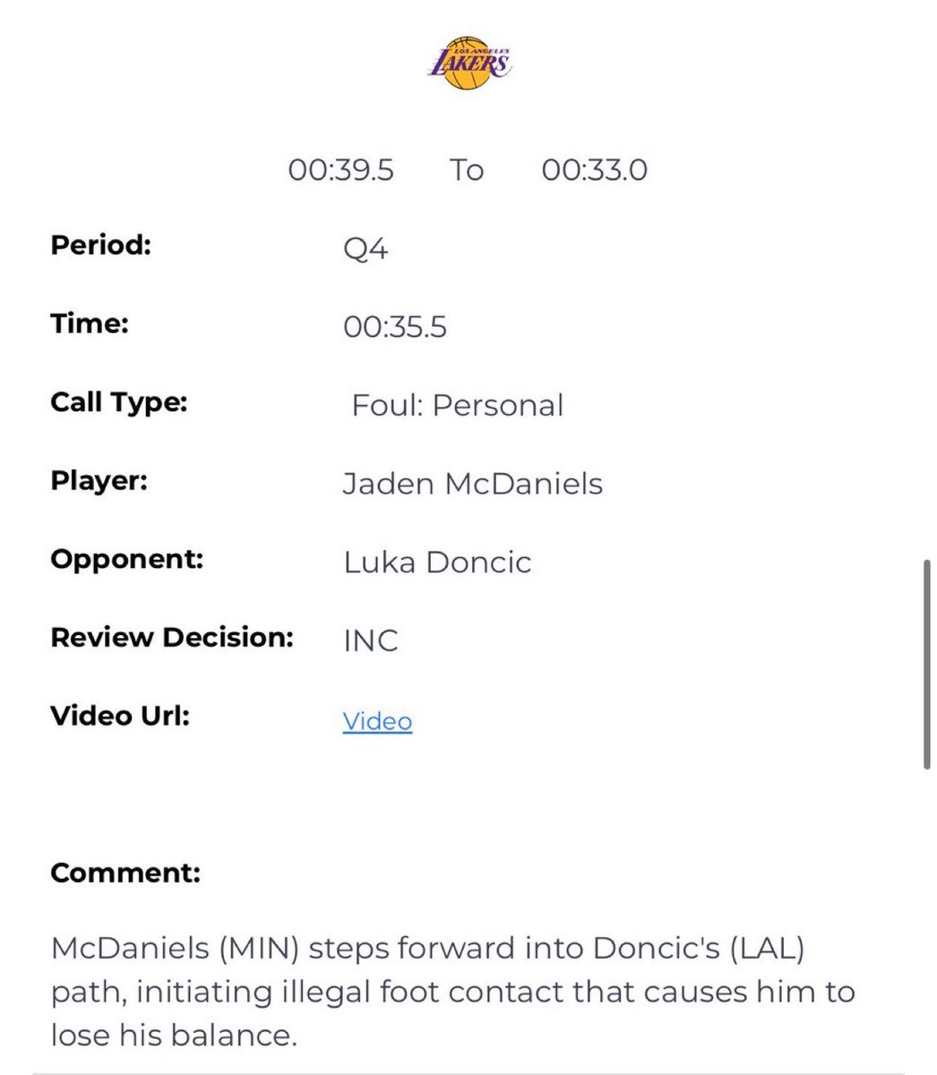 jovanbuha's tweet photo. The NBA says Luka Doncic was tripped by Jaden McDaniels with 33 seconds left in Game 4. It was the only incorrect call on the L2M report. https://t.co/6NTiqSh12j