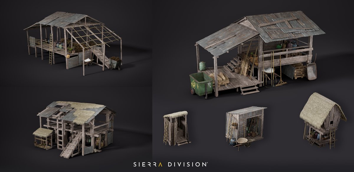 How it started -&gt; How it's going

The entire set of shacks and human elements in the environment were all built from this minimal set of modular planks, bamboo, and thatch roofs that we created.

The environment itself uses some <a href="/quixeltools/">Quixel</a> Megascans for the landscape and we