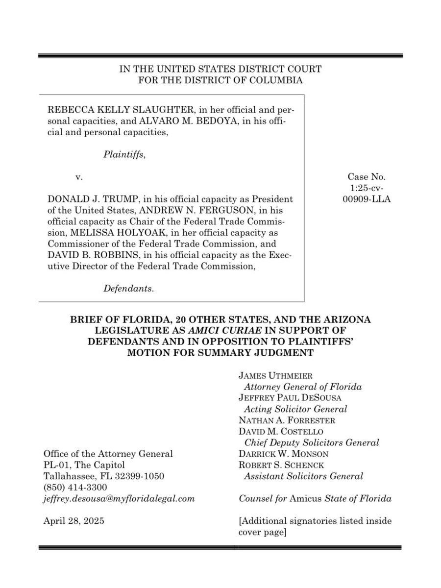 Attorney General James Uthmeier (@agjamesuthmeier) on Twitter photo My office filed a brief in the US District Court for DC on behalf of Florida, 20 other states, and the Arizona Legislature supporting President <a href="/realDonaldTrump/">Donald J. Trump</a> and his authority under Article II of the US Constitution to remove presidentially appointed Federal Trade My office filed a brief in the US District Court for DC on behalf of Florida, 20 other states, and the Arizona Legislature supporting President <a href="/realDonaldTrump/">Donald J. Trump</a> and his authority under Article II of the US Constitution to remove presidentially appointed Federal Trade