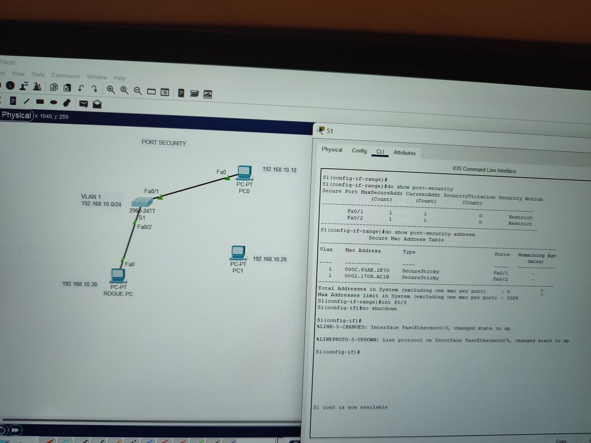 EmpressCyberr's tweet photo. Today, I configured and verified port security using @Cisco Packet Tracer. Port security reduces risks by limiting access to approved MAC addresses,preventing unauthorized connections.I connected a rogue PC to verify port security is working
#CCNA #Networking #Netclan  #Techlover https://t.co/EwoTpBqXrI