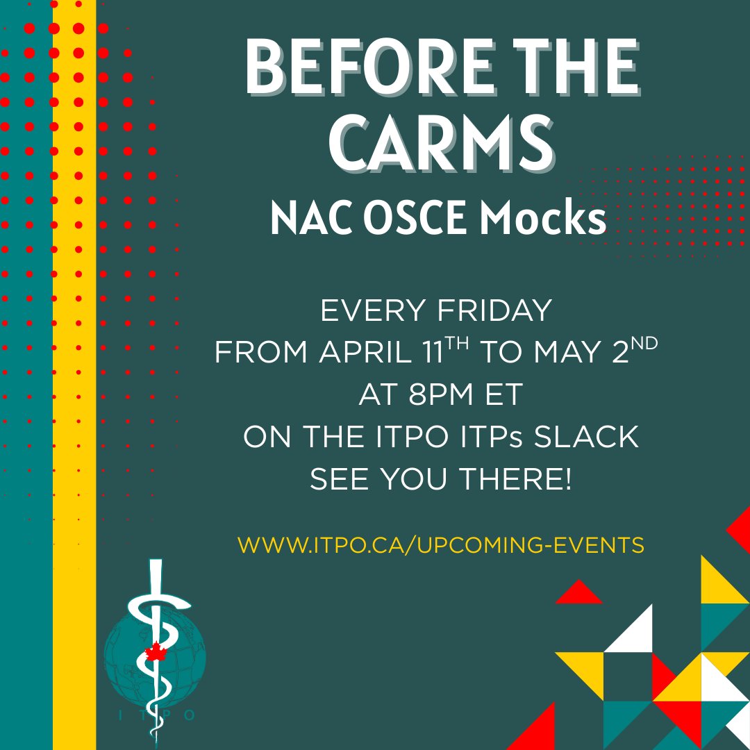 ITPs prepping for NAC OSCE — join ITPO’s Friday prep sessions! 🩺 Practice clinical skills, patient interactions, and boost your confidence. Zoom link drops in Slack at 7:55 PM ET.
More: itpo.ca/upcoming
#itpo-nac-fridays-2025