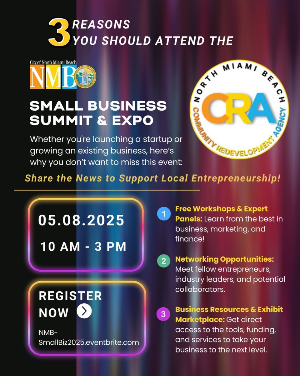 nmbcra's tweet photo. Ready to grow, connect, and succeed? Come to the NMB Small Business Summit &amp; Expo!
Thursday May 8, 2025, 10:00 AM - 3:00 PM
Marjorie and William McDonald Center 
17051 NE 19th Ave, North Miami Beach, FL 33162 
Register now: https://t.co/gzrVJY7g4M https://t.co/8M8N3PG6v0