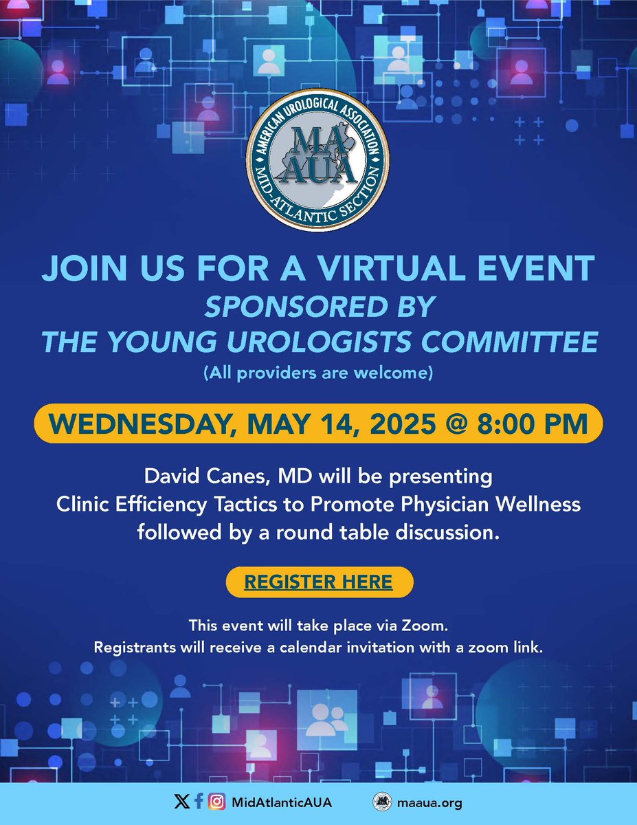 Join us for a presentation and round table discussion “Clinic Efficiency Tactics to Promote Physician Wellness” with David Canes, MD virtually on Wednesday, May 14, 2025 at 8:00 PM ET!

Learn More + Register Today: maaua.org/young-urologis… 

#MAAUA #urology