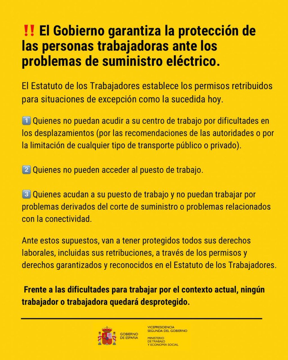 AlertaNews24's tweet photo. 🇪🇸 | AHORA - APAGÓN EN ESPAÑA: El Gobierno español garantiza la protección de las personas trabajadoras ante los problemas de suministro eléctrico: https://t.co/G5dYriWBjh