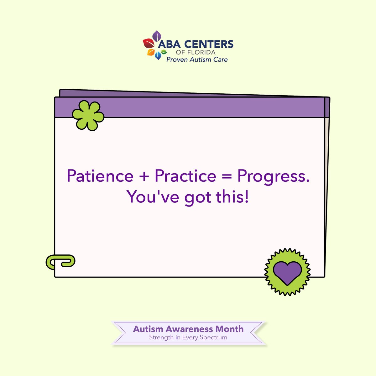 Patience + Practice = Progress. You've got this! 

#ABACentersOfFlorida #MondayMotivation #MondayVibes #PlayfulABA #FunABA