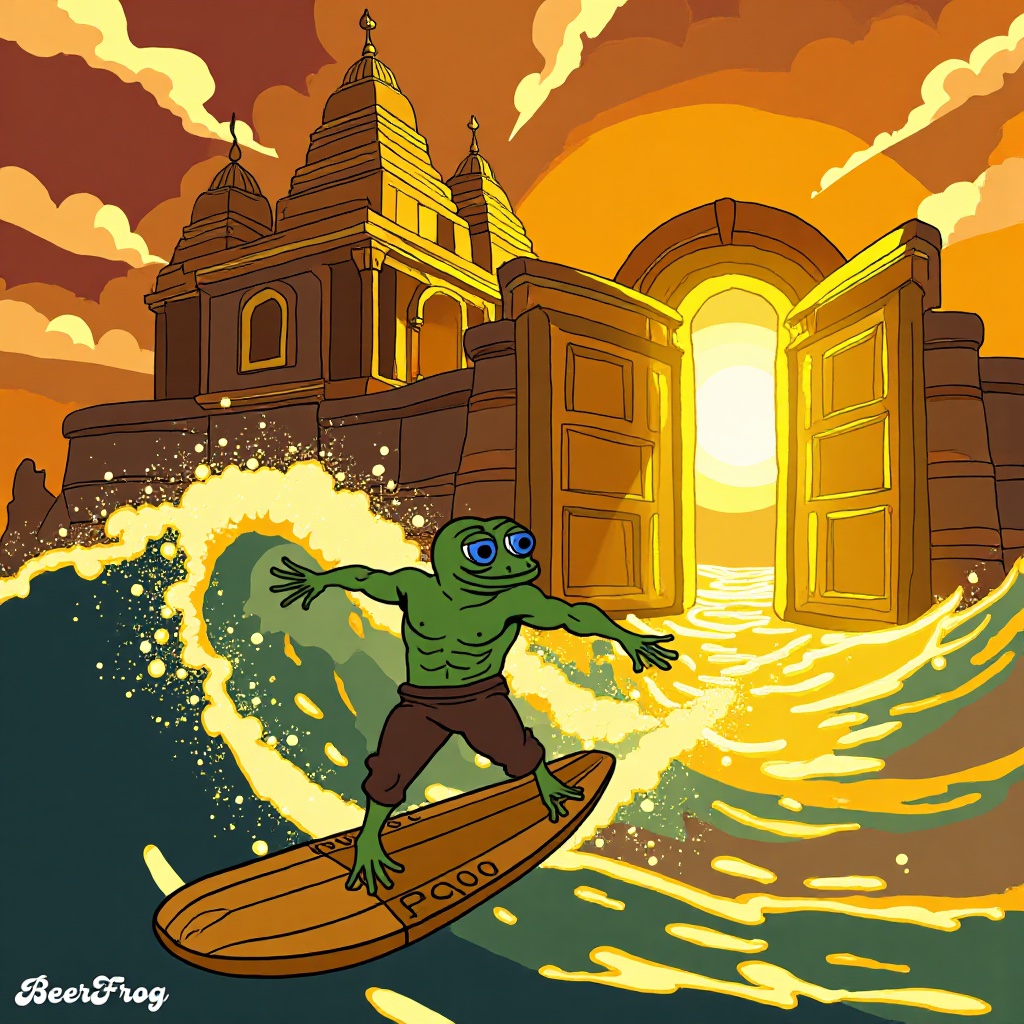 BeerFrogETH's tweet photo. Tidebreaker $FROG. 🐸🌊🍺
The golden wave rose to drown him. But BeerFrog rose higher. The Temple of Brews awaited. 🍻✨
#Beerfrog #Froglore #TempleOfBrews #CryptoLore https://t.co/1EqzrdkQ1J