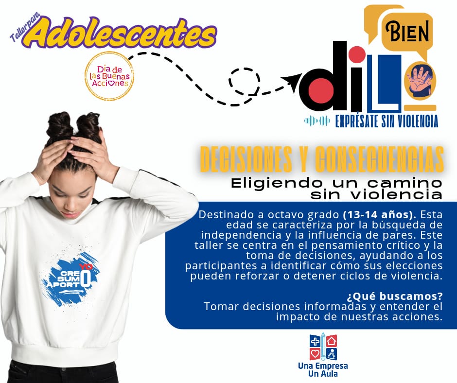 1empresa1aula's tweet photo. 📣 ¡Decidir también es construir futuro!
Con el proyecto #DiloBien #ExpresateSinViolencia, trabajamos la temática Decisiones y Consecuencias con estudiantes de 8° grado en #SanMartín.
#MiVozImporta #BuenasAcciones #Voluntari #HaciendoElBien #Meduca #AlcaldíaSanMiguelito #Panamá https://t.co/E6a4an0Mzw