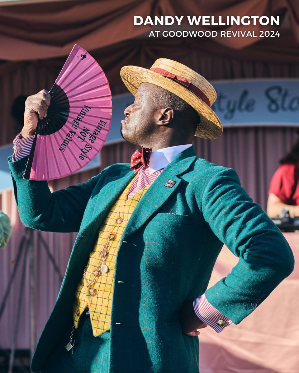 goodwoodrevival's tweet photo. An appreciation post for Dandy Wellington's 2024 #GoodwoodRevival outfits. Our sharp-dressed Revival Ambassador combines colourful suits with refined accessories, taking to the #RevivalStyle Stage to interview our esteemed guests and #BestDressed contestants. Which of Dandy's outfits inspires your style the most?