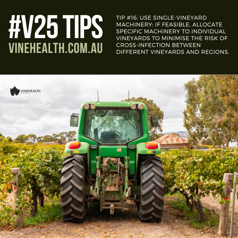 V25 Tip 16: Use single-vineyard machinery: If feasible, allocate specific machinery to individual vineyards to minimise the risk of cross-infection between different vineyards and regions. #Vinehealth