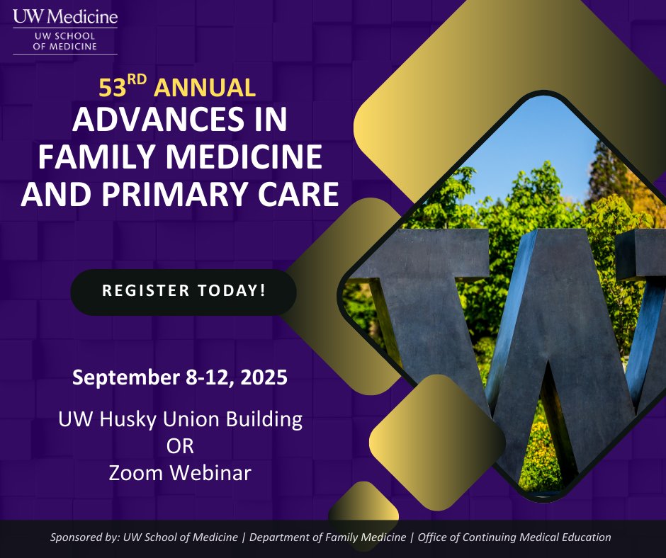 UW CME (@uwcme) on Twitter photo 🌟 Registration Now Open!
Join us for the 53rd Annual Advances in Family Medicine Conference (Sept 8-12, 2025) in-person or live webinar. Early Bird Pricing until June 23! uw.cloud-cme.com/MJ2602 #FamilyMedicine #Healthcare #CME <a href="/UWMedicine/">UW Medicine</a> <a href="/uwfm/">UW Family Medicine</a> <a href="/uwfmres/">University of Washington Family Medicine Residency</a> <a href="/fac_uw/">UW School of Medicine Faculty Affairs</a> @DermatologyUW 🌟 Registration Now Open!
Join us for the 53rd Annual Advances in Family Medicine Conference (Sept 8-12, 2025) in-person or live webinar. Early Bird Pricing until June 23! uw.cloud-cme.com/MJ2602 #FamilyMedicine #Healthcare #CME <a href="/UWMedicine/">UW Medicine</a> <a href="/uwfm/">UW Family Medicine</a> <a href="/uwfmres/">University of Washington Family Medicine Residency</a> <a href="/fac_uw/">UW School of Medicine Faculty Affairs</a> @DermatologyUW