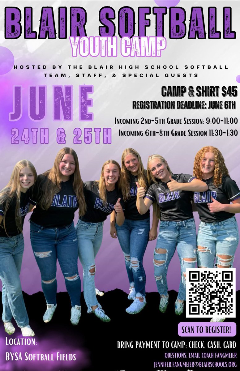 Mark your calendars and register today! 

We are so excited to host our Blair Summer Youth Softball Camp on June 24-25th! Click the registration link or scan the QR code on the flyer! 

Camp Registration (t-shirt included if registered by June 6th)
docs.google.com/forms/d/e/1FAI…

Not