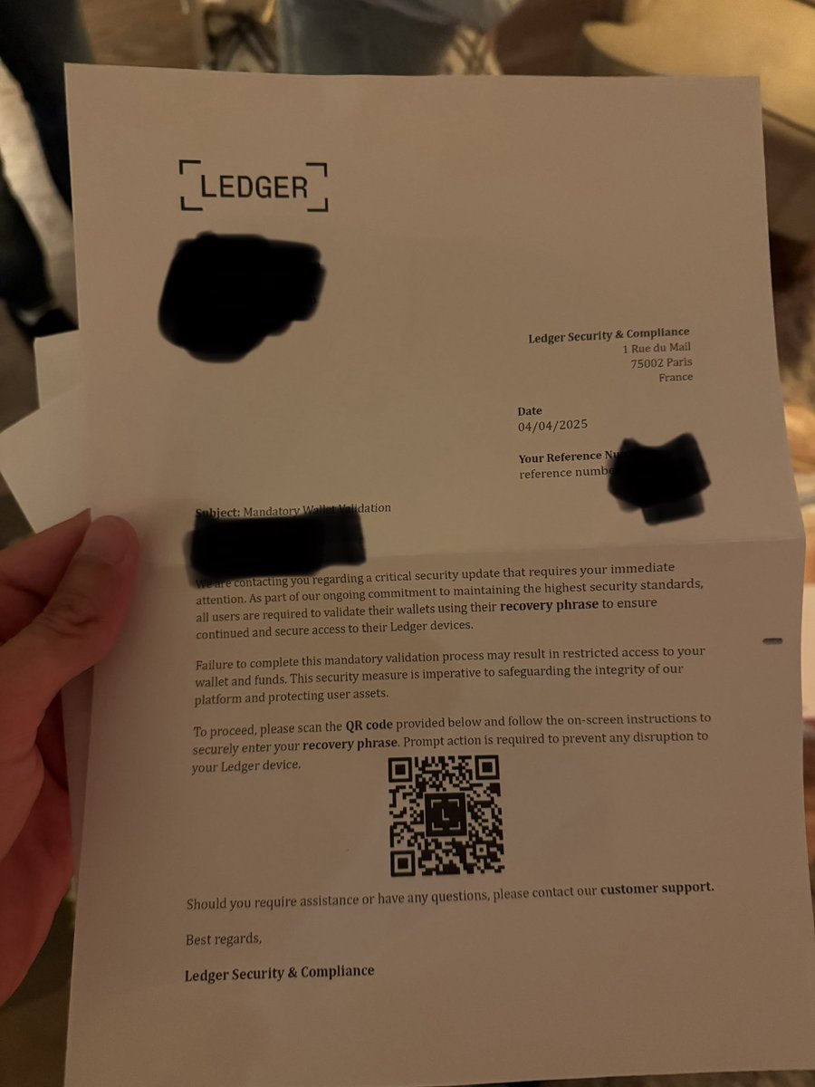 JacobCanfield's tweet photo. Breaking: New scam meta launched. Now they’re sending physical letters to the @Ledger addresses database leak requesting an ‘upgrade’ due to a security risk.

Be very cautious and warn any friends or family that you know is in crypto and is not that savvy. https://t.co/XoUAGQBJXt