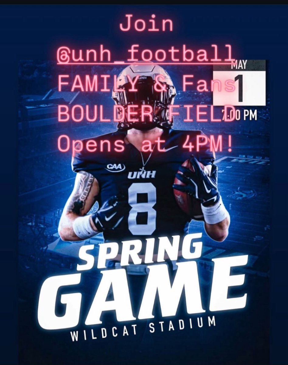 UNH Friends of Football (aka ‘Cat Club) (@unhcatclub) on Twitter photo <a href="/UNH_Football/">New Hampshire Football</a> SPRING GAME this THURSDAY, 5/1➡️ 7PM….PARKING in BOUJDER FIELD ONLY…opens at 4PM
Football is Here!! <a href="/UNH_Football/">New Hampshire Football</a> SPRING GAME this THURSDAY, 5/1➡️ 7PM….PARKING in BOUJDER FIELD ONLY…opens at 4PM
Football is Here!!