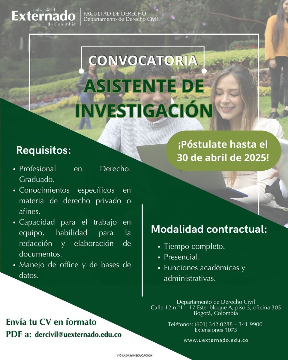 Estamos en busca de un (a) Asistente de Investigación para integrar el equipo del Departamento de Derecho Civil.

📅 Recibiremos hojas de vida hasta el 30 de abril de 2025 al correo electrónico dercivil@uexternado.edu.co
