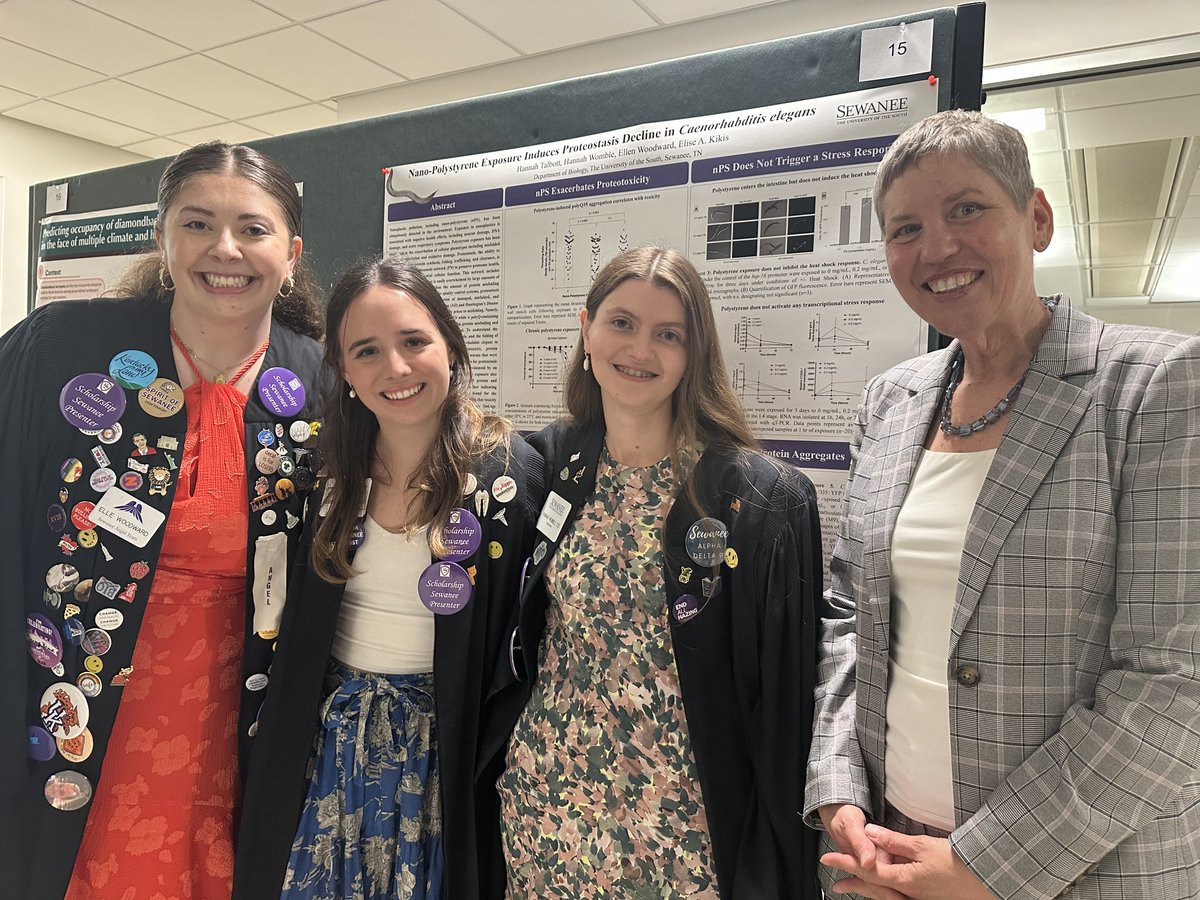 ResearchSewanee's tweet photo. The Speaker's Choice Award at Scholarship Sewanee from among the non-SPARC posters was Nanopolystyrene Exposure Induces Proteostasis Decline in Caenorhabditis elegans by Hannah Talbott, Hannah Womble, Ellen Woodward, and Elise Kikis https://t.co/ZkCw6FRx3A