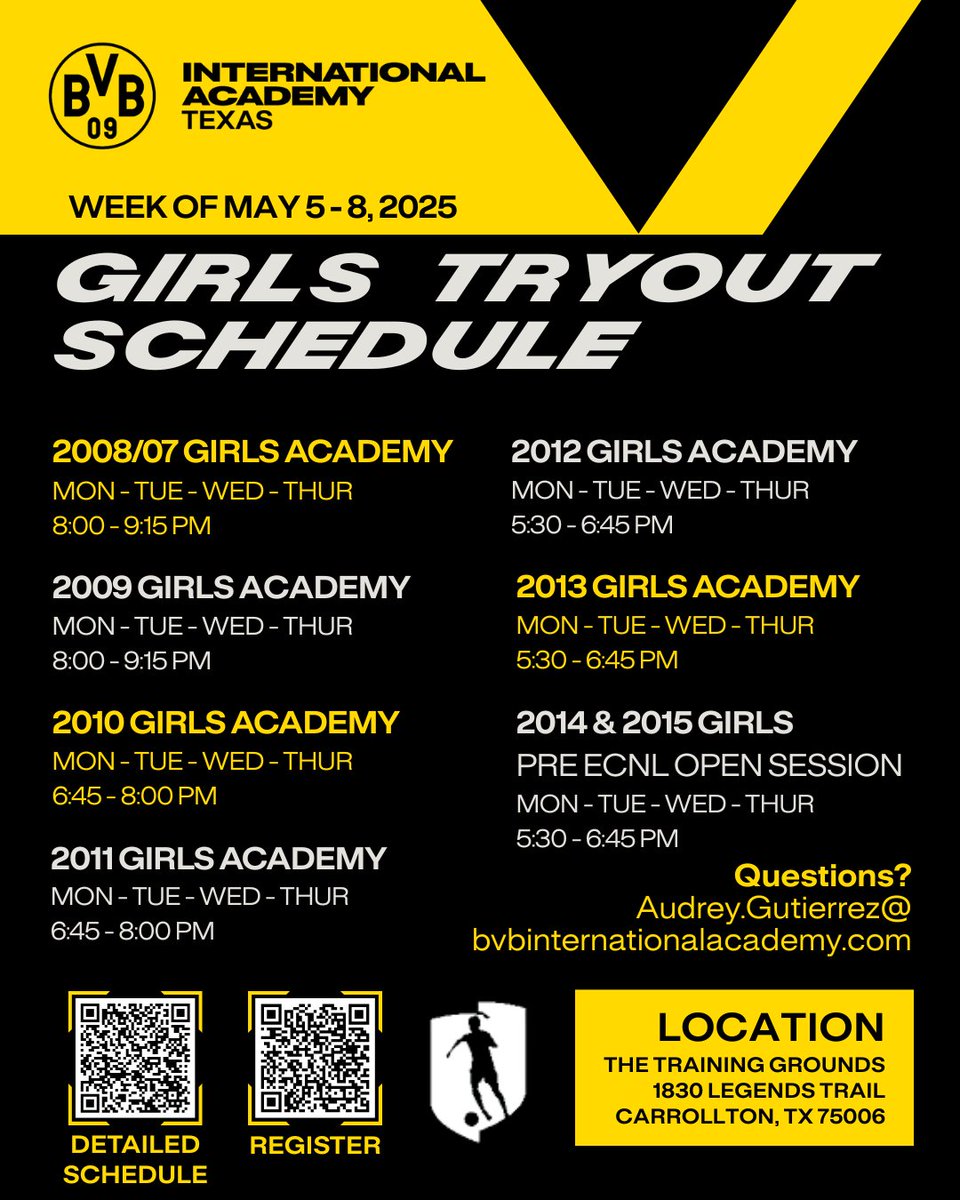 BVB International Academy North Texas (@bvbiantx) on Twitter photo Questions?
Audrey.Gutierrez@bvbinternationalacademy.com
Register for tryouts:
…nternationalacademy-ntx.sportngin.com/register/form/…
Detailed Tryout Schedule:
docs.google.com/spreadsheets/d… Questions?
Audrey.Gutierrez@bvbinternationalacademy.com
Register for tryouts:
…nternationalacademy-ntx.sportngin.com/register/form/…
Detailed Tryout Schedule:
docs.google.com/spreadsheets/d…