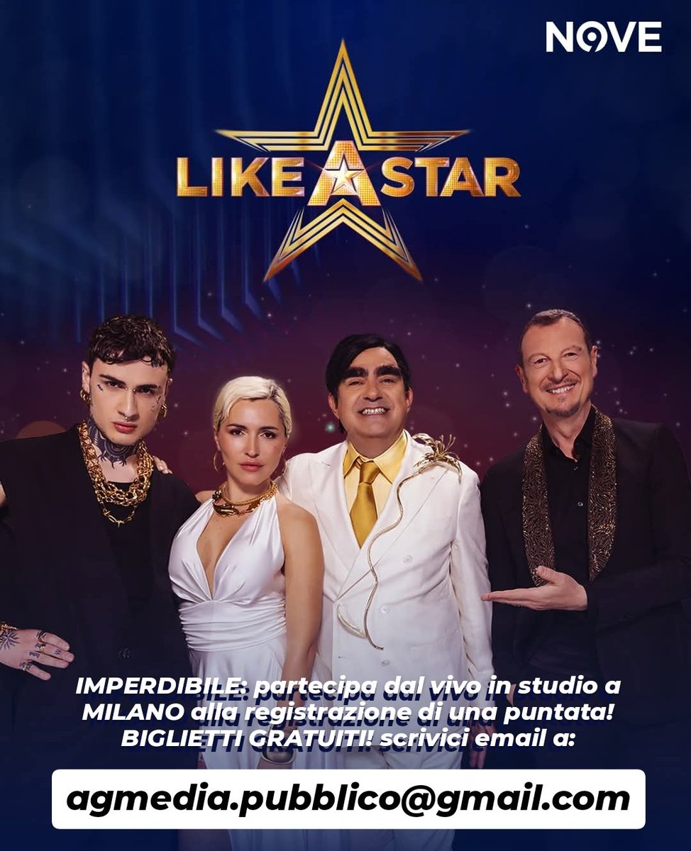 AGmediasrl's tweet photo. ⭐LIKE A STAR⭐
richiedi ora i biglietti gratuiti per assistere dal vivo dagli studi di Milano al nuovo show TV di AMADEUS con ROSA CHEMICAL, SERENA BRANCALE ed ELIO all'email: agmedia.pubblico@gmail.com https://t.co/XOC0nTyHrw