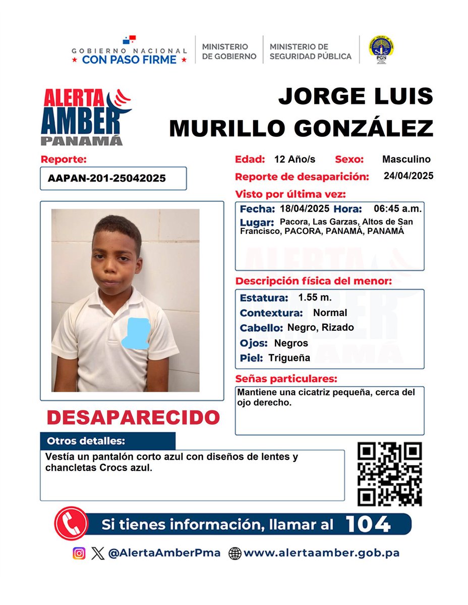 #URGENTE Alerta Amber
Ayudemos a encontrar al menor Jorge Luis Murillo González de 12 años, fue  visto por última vez en Pacora, Las Garzas.
Cualquier información, por favor llamar al 104. Compartir (RT)puede salvarle la vida
#AlertaAmber 
#Panamá #NiñosDesaparecidos
