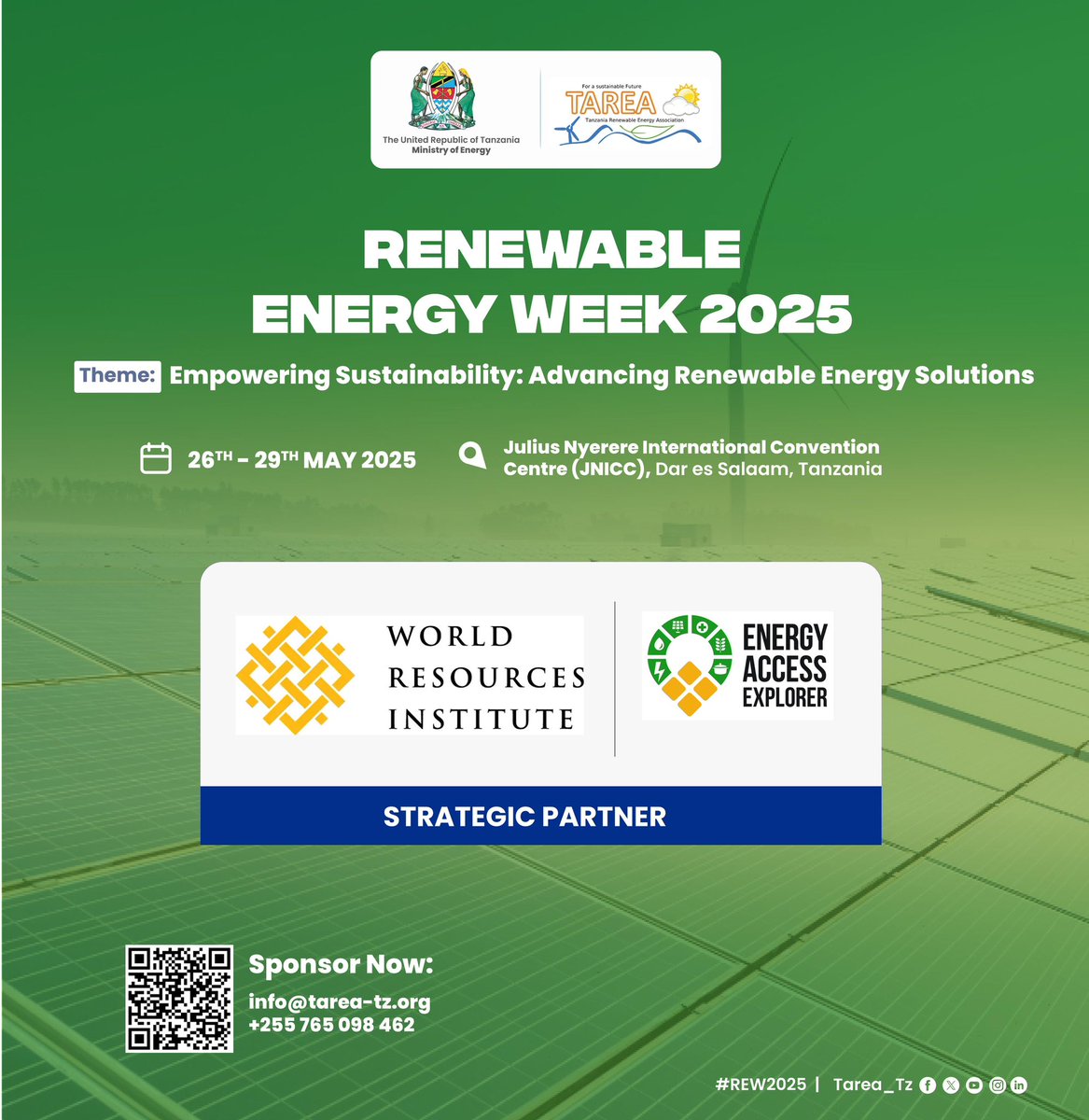 TAREA is proud to announce the <a href="/WorldResources/">World Resources Institute</a> as the strategic partner for the Renewable Energy Week in Dar es Salaam Tanzania
During this productive week, #wri shall conduct Energy Access Explorer Training for researchers &amp;academia stakeholders on 26 May
RenewableEnergyWeek.or.tz
