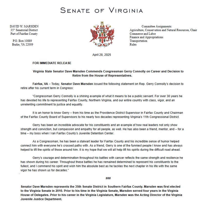Dave Marsden (@sendavemarsden) on Twitter photo Thank you <a href="/GerryConnolly/">Rep. Gerry Connolly</a> for your service and dedication to Fairfax County, the Commonwealth of Virginia, and the entire country. Thank you <a href="/GerryConnolly/">Rep. Gerry Connolly</a> for your service and dedication to Fairfax County, the Commonwealth of Virginia, and the entire country.