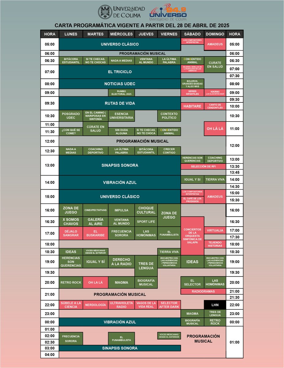 🎙️ ¿Has escuchado todos los contenidos de la Radio Universitaria?

¡Aquí los puedes consultar! 👇 Compartimos la carta programática vigente a partir de hoy lunes 28 de abril, ¡que puedes sintonizar en nuestra frecuencia!

¡Conecta con el #Universo949! 🤩 universo949.mx