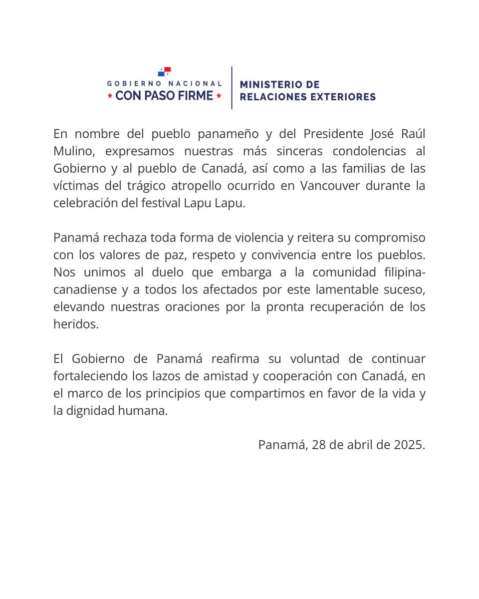 •Comunicado Oficial• Panamá expresa su solidaridad con Canadá ante el trágico suceso en Vancouver.