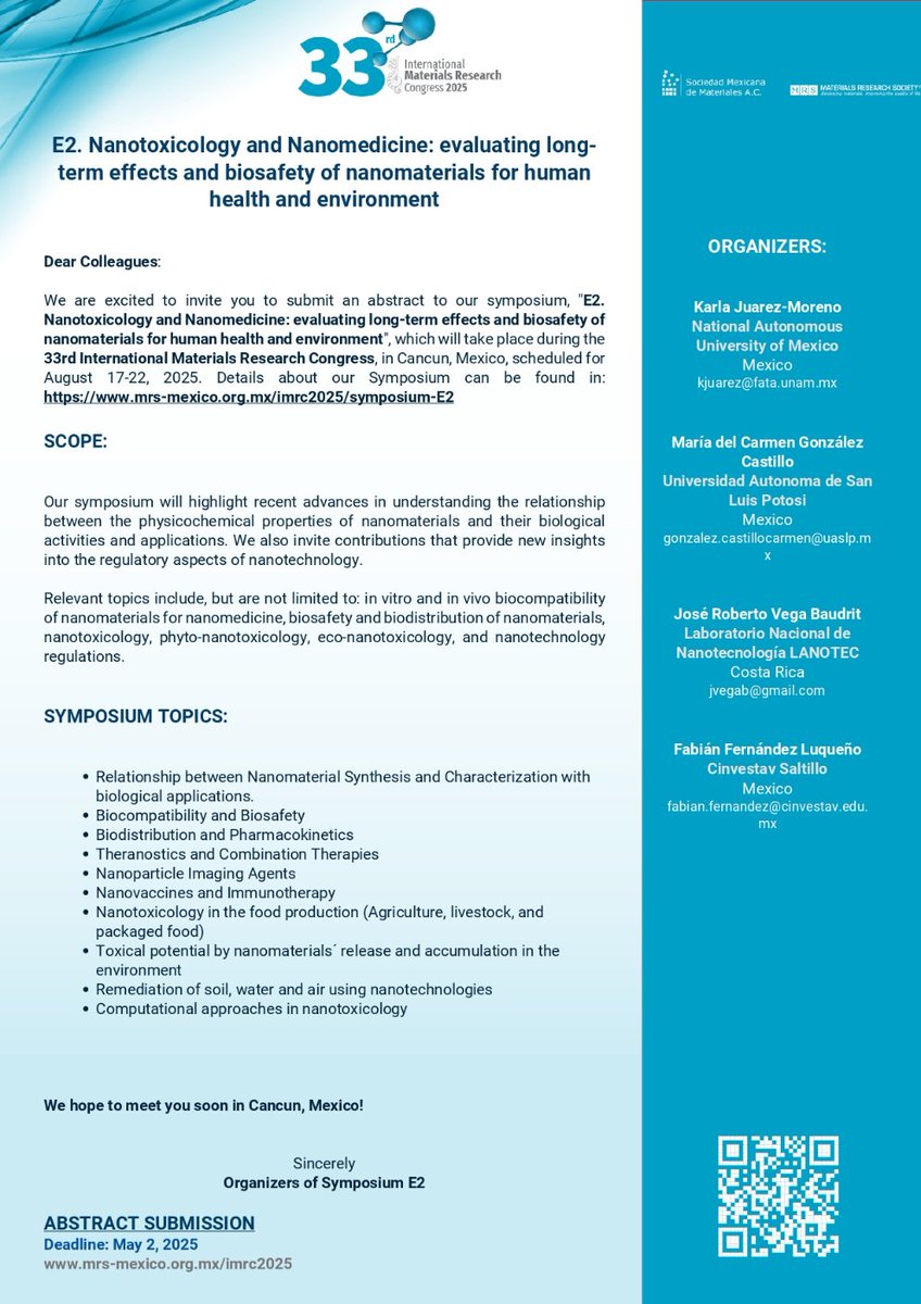 Centro de Física Aplicada y Tecnología Avanzada (@cfata_unam) on Twitter photo Simposio E2: #Nanotoxicología #Nanomedicina #IMRC2025. Modalidad híbrida. Organizado por la Sociedad Mexicana de Materiales, con la destacada participación del <a href="/NanotoxL/">nanotox_lab</a> 🧪
• Únete y sé parte de la investigación sobre nanomateriales. 👇 Simposio E2: #Nanotoxicología #Nanomedicina #IMRC2025. Modalidad híbrida. Organizado por la Sociedad Mexicana de Materiales, con la destacada participación del <a href="/NanotoxL/">nanotox_lab</a> 🧪
• Únete y sé parte de la investigación sobre nanomateriales. 👇