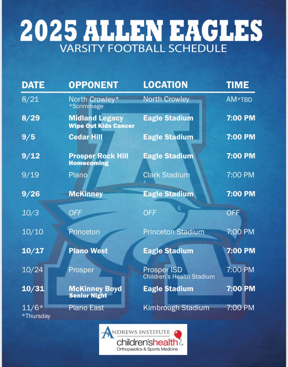 2025 FOOTBALL SCHEDULE 

#BTB | #RecruitTheA | <a href="/usnikefootball/">Nike Football</a> | <a href="/allenstudentsec/">AHS STUDENT SECTION</a>