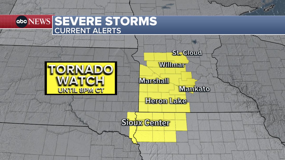 Monday 12:45 pm CDT

Tornado Watch for parts of MN, IA, SD through 8PM CT.
 
A few tornadoes are likely with a couple intense tornadoes possible. widespread very large hail up to 3” in diameter. Damaging winds to 80mph are also possible. @wxmel6