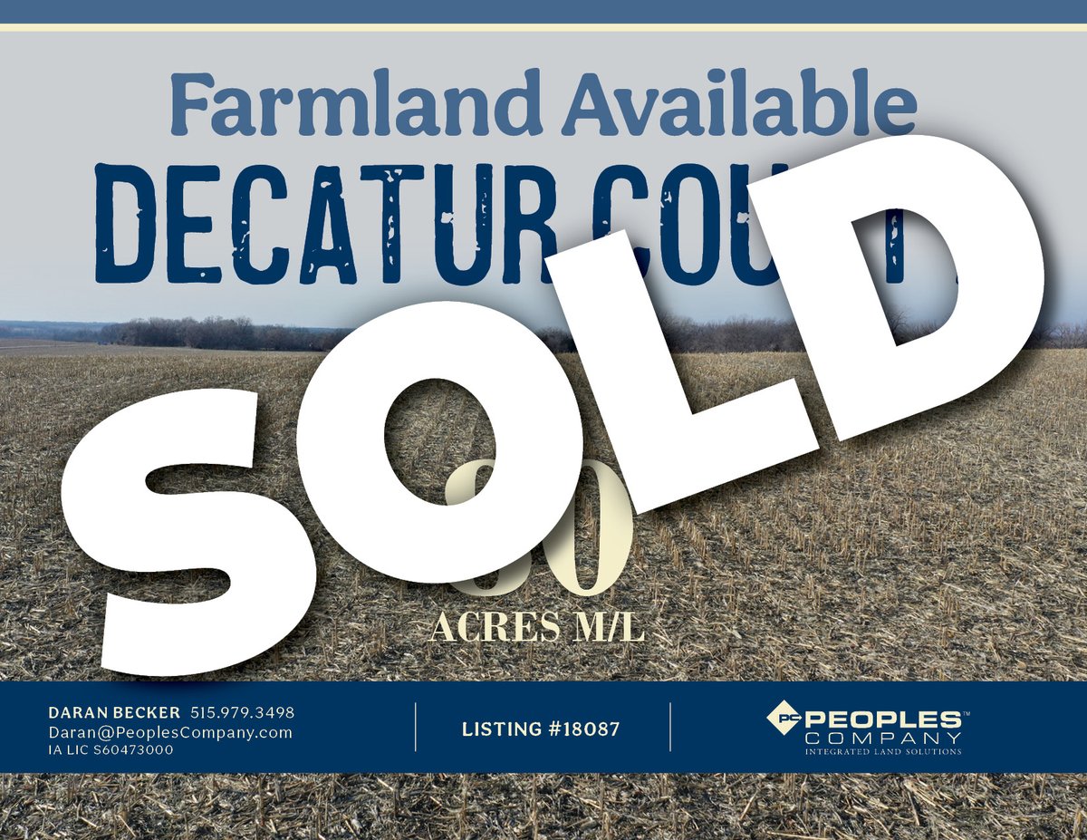PeoplesCompany's tweet photo. LAND SOLD! | 80 Acres M/L in Decatur County, IA

Peoples Company is pleased to assist in the sale of an 80-acre m/l tillable & recreational farm located just off Interstate 35 and 2.5 miles northwest of Davis City, Iowa in Section 15 of Burrell Township.

+  52.44 FSA cropland acres boasting an average CSR2 soil rating of 54.2
+ Farm is rented for the 2025 cropping season at $186 per acre or $10,117 annually.
+ Property offers outstanding hunting opportunities for whitetail deer and wild turkeys.

Contact #PeoplesCompany licensees Daran Becker or click the link below for more information.

Listing 18087 | https://t.co/PMWlDIqKGZ