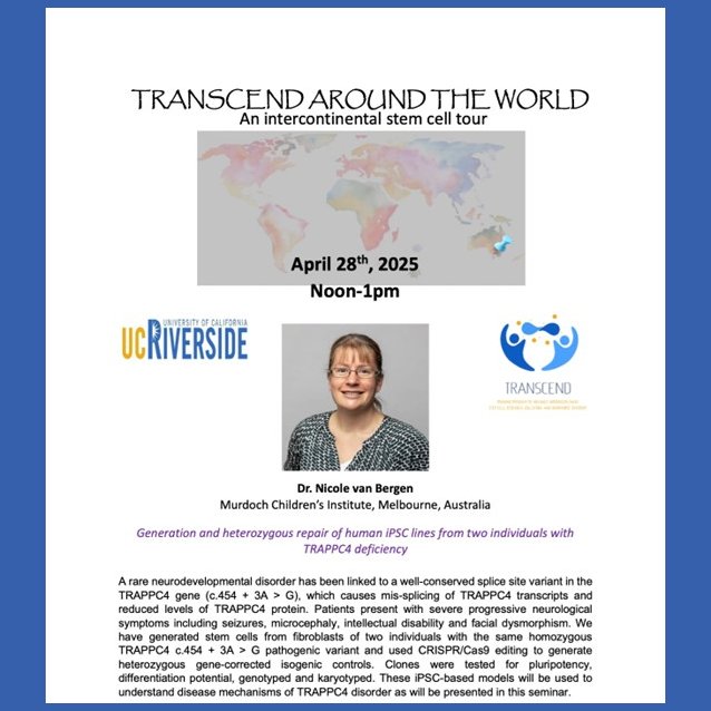 Talbot Research Group (@talbot_lab_ucr) on Twitter photo Dr. Nicole van Bergen, from Murdoch Children’s Institute in Australia, will present “Generation and heterozygous repair of human iPSC lines from two individuals with TRAPPC4 deficiency” at the spring Stem Cell Seminar Series today.
<a href="/UCRStemCell/">UCR Stem Cell Center & Core</a> <a href="/UCRiverside/">UC Riverside</a> <a href="/MCRI_for_kids/">Murdoch Children's Research Institute (MCRI)</a> Dr. Nicole van Bergen, from Murdoch Children’s Institute in Australia, will present “Generation and heterozygous repair of human iPSC lines from two individuals with TRAPPC4 deficiency” at the spring Stem Cell Seminar Series today.
<a href="/UCRStemCell/">UCR Stem Cell Center & Core</a> <a href="/UCRiverside/">UC Riverside</a> <a href="/MCRI_for_kids/">Murdoch Children's Research Institute (MCRI)</a>