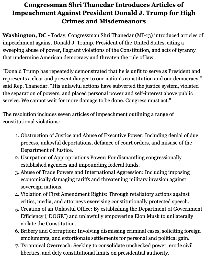 maxpcohen's tweet image. Busy day in the office of Shri Thanedar.

The Michigan Democrat is now introducing articles of impeachment against Trump&amp;gt;&amp;gt;&amp;gt;
