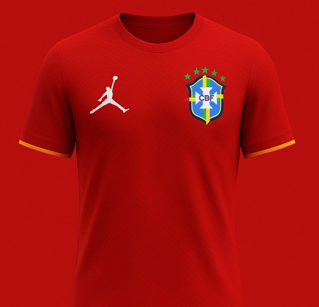 lazarorosa25's tweet photo. Rapaz! Segundo a Footy Headlines, a CBF lançará a camisa II da Seleção em vermelho com o logo da Jordan para a Copa de 2026. Detalhe: ano de eleição. Vão faturar alto com quem não quer ser confundido com os bolsominions lunáticos. O que achou? Teria uma? https://t.co/9QwfO4B0V4