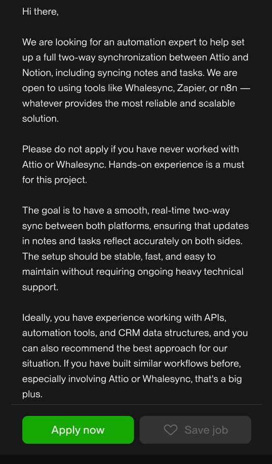omoalhajaabiola's tweet photo. I think most of us are stuck in tutorial hell because we're chasing perfection. We keep watching courses, reading endless resources, thinking "I'll start once I know enough." But the truth is, you’ll never feel completely ready.

Open an Upwork account (or any freelance platform) and start looking at what real clients are asking for if you are currently learning workflow automation. Instead of guessing what to learn next, let client demand guide your learning.

Find a project that matches your interests (even if you feel only 40–60% ready), then start working toward solving the client’s needs.

Of course, you’ll encounter challenges but that’s the whole point. You’ll be forced to learn fast, troubleshoot creatively, and apply knowledge practically.

In the process, you're killing two birds with one stone:

1. Learning deeply (because real problems force real understanding), and

2. Building your portfolio (because every solution you work on becomes proof of your skills).

Check a client’s request in the attached screenshot