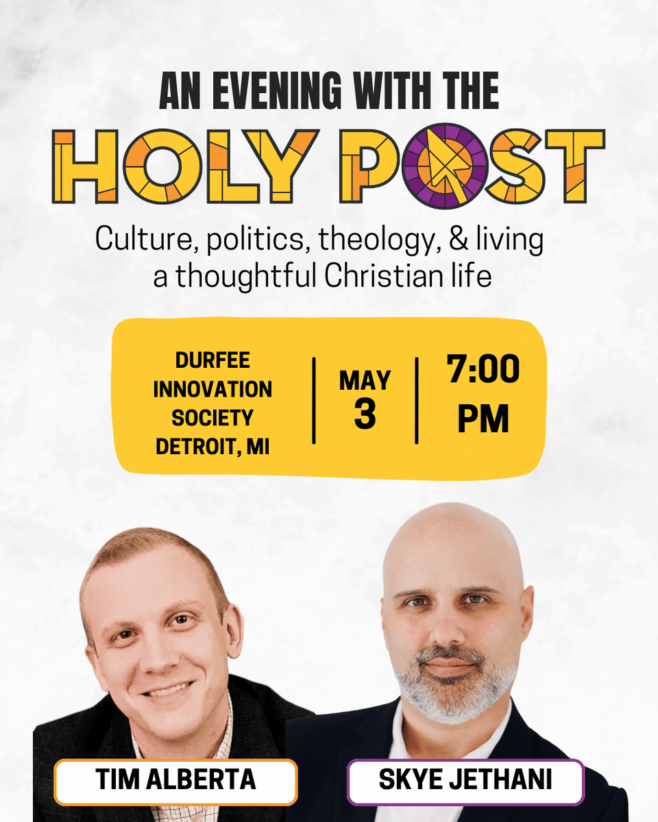 Holy Post Media (@holypostpodcast) on Twitter photo Disillusioned with the American church but still drawn to the way of Jesus? Join <a href="/SkyeJethani/">Skye Jethani</a> & <a href="/TimAlberta/">Tim Alberta</a> next week in Detroit for a conversation and audience Q&A on engaging with faith, politics & culture from a place of hope rather than fear. Tickets: loom.ly/BRZ1HEo Disillusioned with the American church but still drawn to the way of Jesus? Join <a href="/SkyeJethani/">Skye Jethani</a> & <a href="/TimAlberta/">Tim Alberta</a> next week in Detroit for a conversation and audience Q&A on engaging with faith, politics & culture from a place of hope rather than fear. Tickets: loom.ly/BRZ1HEo