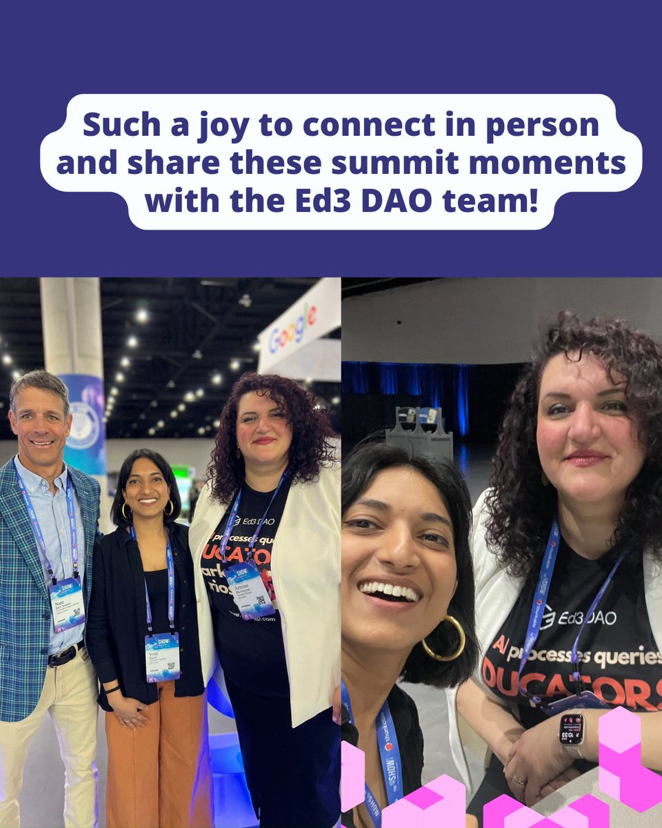 ed3global's tweet photo. One of the best parts of @asugsvsummit + The AI Show?
Connecting in person with amazing innovators and friends! π€ππΈ #Ed3DAO #AI #Web3 https://t.co/Pq1y6Vx2AF
