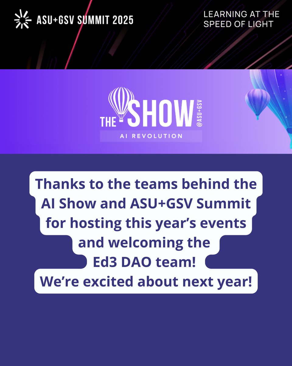 ed3global's tweet photo. One of the best parts of @asugsvsummit + The AI Show?
Connecting in person with amazing innovators and friends! π€ππΈ #Ed3DAO #AI #Web3 https://t.co/Pq1y6Vx2AF