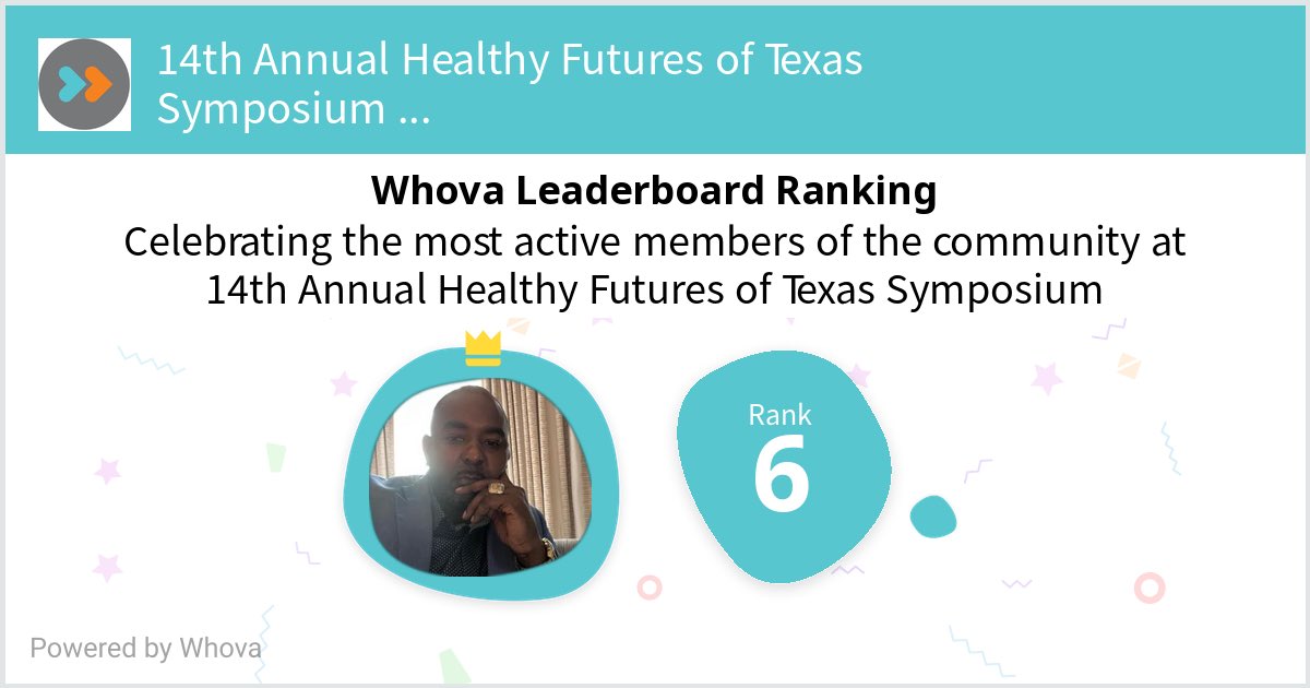 I ranked #6 on the Whova leaderboard at 14th Annual Healthy Futures of Texas Symposium!  - via #Whova event app
