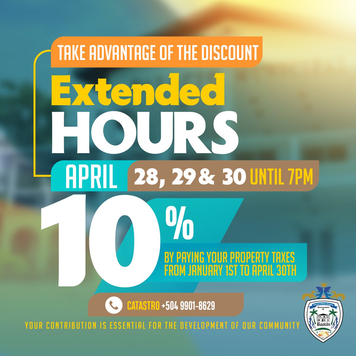 ¡Atención! 📢
Extendemos nuestro horario para que aproveches el 10% de descuento en el pago de tus impuestos de bienes inmuebles.
🗓️ 28, 29 y 30 de abril
🕖 ¡Atenderemos hasta las 7:00 PM!
No dejes pasar esta oportunidad y contribuye al desarrollo de nuestra isla. 🌴