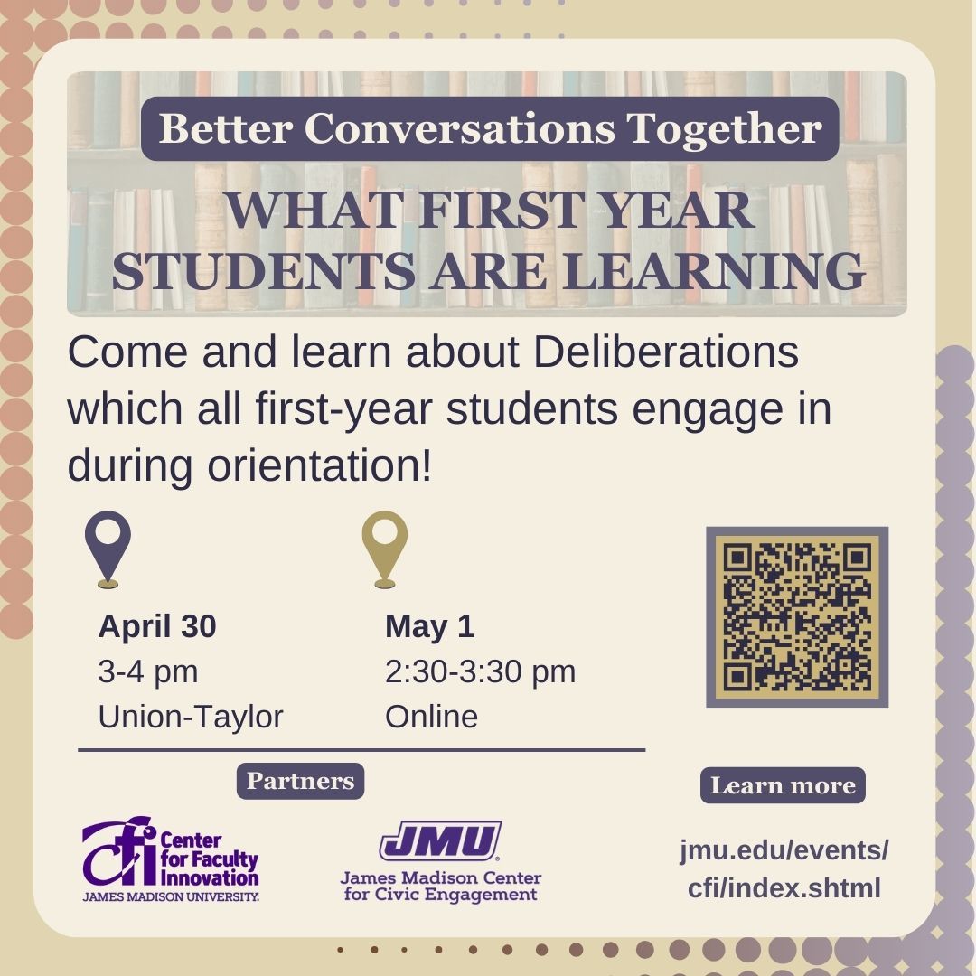 Don't miss the final two sessions of the Better Conversations Together series with the Madison Center! 

Registration deadlines: 
April 30 - Register by Monday, April 28, at 11:59 PM
May 1 - Register by Wednesday, April 30, at 11:59 PM

More information: jmu.edu/events/cfi/202…