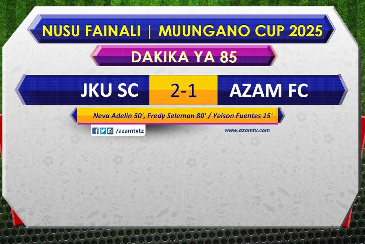 azamtvtz's tweet photo. #MuunganoCup2025: Azam FC wapo nyuma kwa goli moja
JKU SC 2-1 Azam FC
LIVE #AzamSports1HD
#TanzaniaUnionSuperLeague #TUSL #MuunganoCup2025 #MuunganoCup #KombeLaMuungano #SuperLeague #YeNaniAsife #JKUSC #AzamFC #JKUAzam https://t.co/X9cL1gu4MK