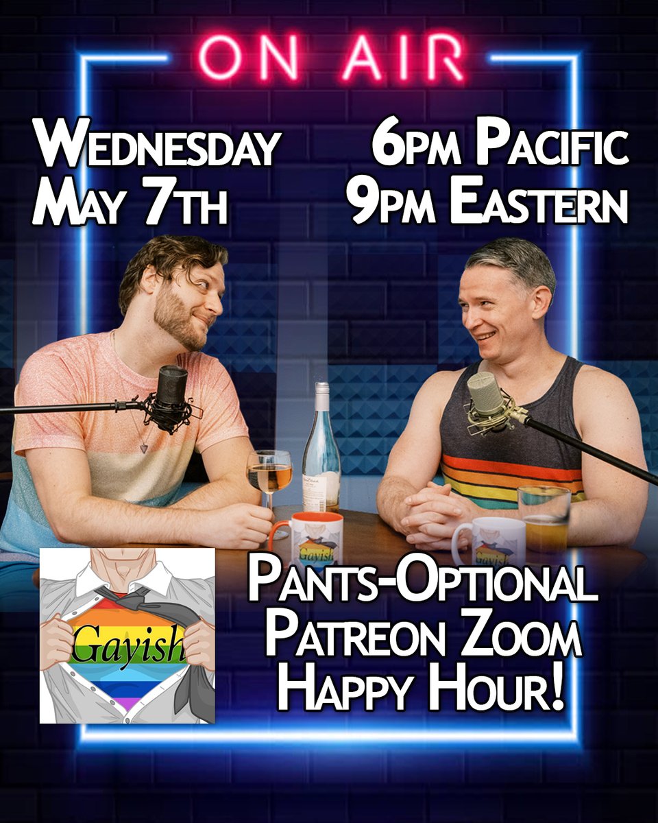 gayishpodcast's tweet photo. ๐จ๐๐จ PATREON HAPPY HOUR๐๐จ๐
IT'S OUR QUARTERLY PATREON MEMBERS ONLY ZOOM HAPPY HOUR MOTHA F#CK%RS!
Join us on Zoom, May 7th at 6pm Pacific / 9pm Eastern. Check your Patreon feed for the link.
As always, #PantsOptional https://t.co/vAClWCQrsS