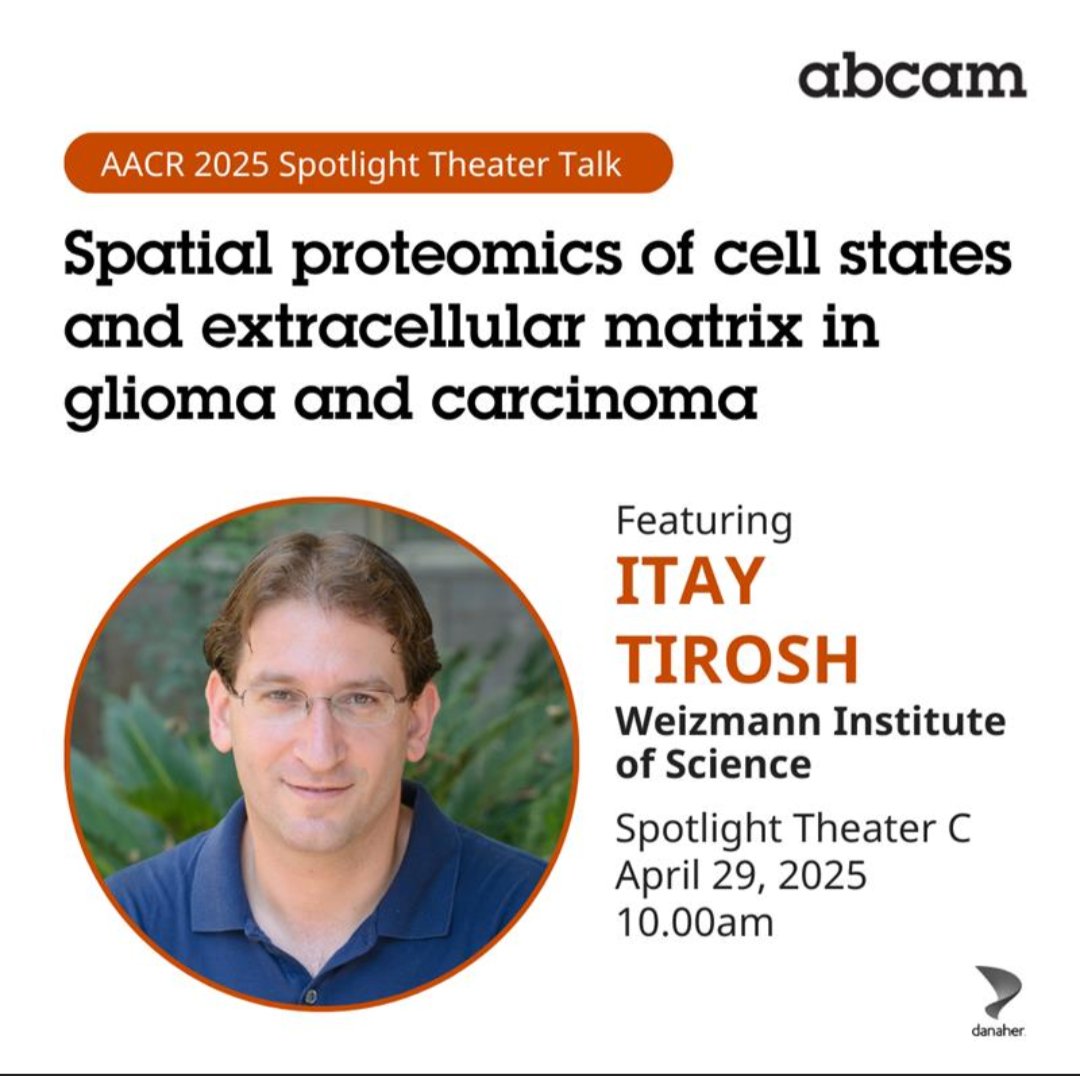 Attending #AACR25? Catch our spotlight theater talk on April 29, 10am to hear from Itay Tirosh (Weizmann Institute of Science) share his insight into spatial proteomics of cell states and extracellular matrix in glioma and carcinoma. 

#oncology #spatialbiology #antibodies