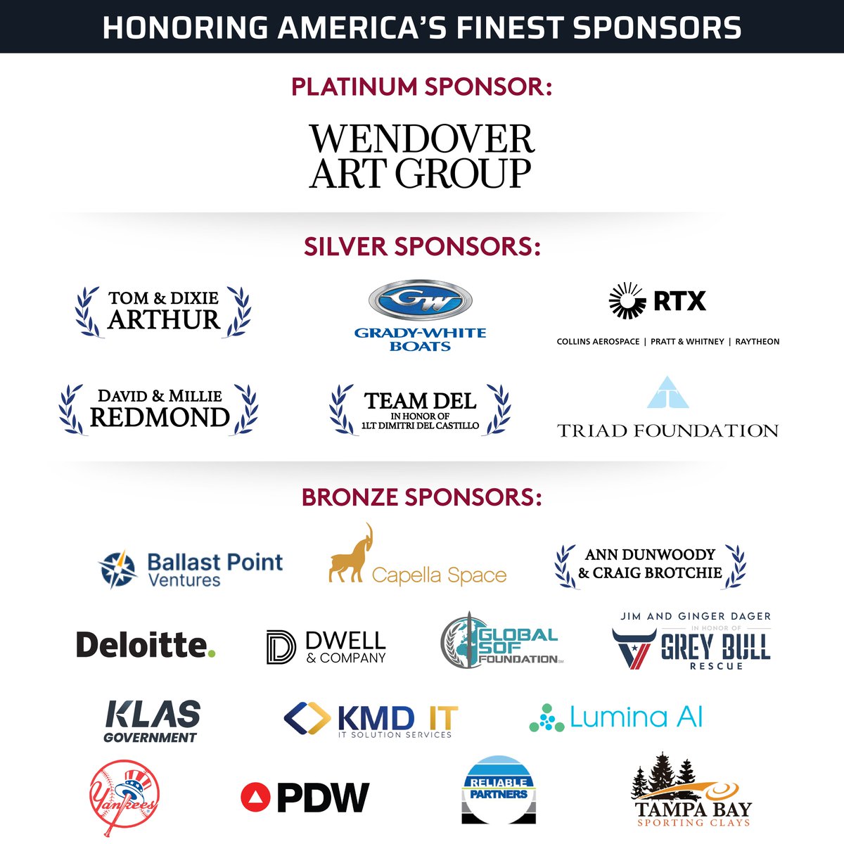 SOFWarriorFnd's tweet photo. Grateful to our sponsors for supporting the Special Operations Warrior Foundation’s 4th Annual Honoring America’s Finest dinner. Together, we honor 45 years of service! #EnduringPromise #HonoringAmericasFinest #SOWF #45YearsOfImpact #Gratitude #Community #ServiceAndSacrifice https://t.co/IsV2jdCu73