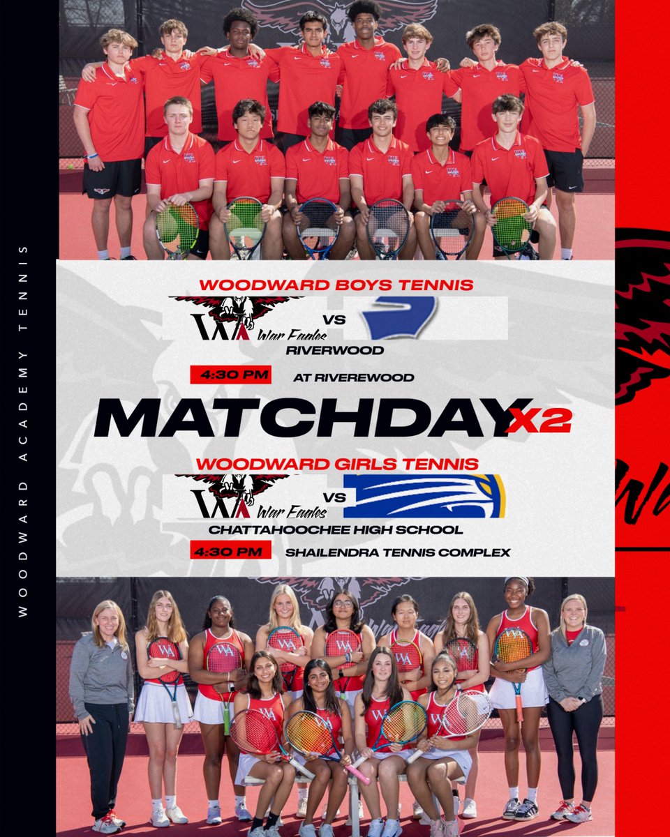 Woodward Academy Athletics (@wawareagles) on Twitter photo Good luck to both Boys and Girls Tennis squads competing today in 2nd round of the AAAAA State Playoffs. Boys traveling to Riverwood while Girls hosting Chattahoochee HS. Both matches set to begin at 4:30PM. <a href="/WAvarsitytennis/">@WAvarsitytennis</a> <a href="/WAGirlsTennis1/">WAGirlsTennis</a> #WAPRIDE Good luck to both Boys and Girls Tennis squads competing today in 2nd round of the AAAAA State Playoffs. Boys traveling to Riverwood while Girls hosting Chattahoochee HS. Both matches set to begin at 4:30PM. <a href="/WAvarsitytennis/">@WAvarsitytennis</a> <a href="/WAGirlsTennis1/">WAGirlsTennis</a> #WAPRIDE